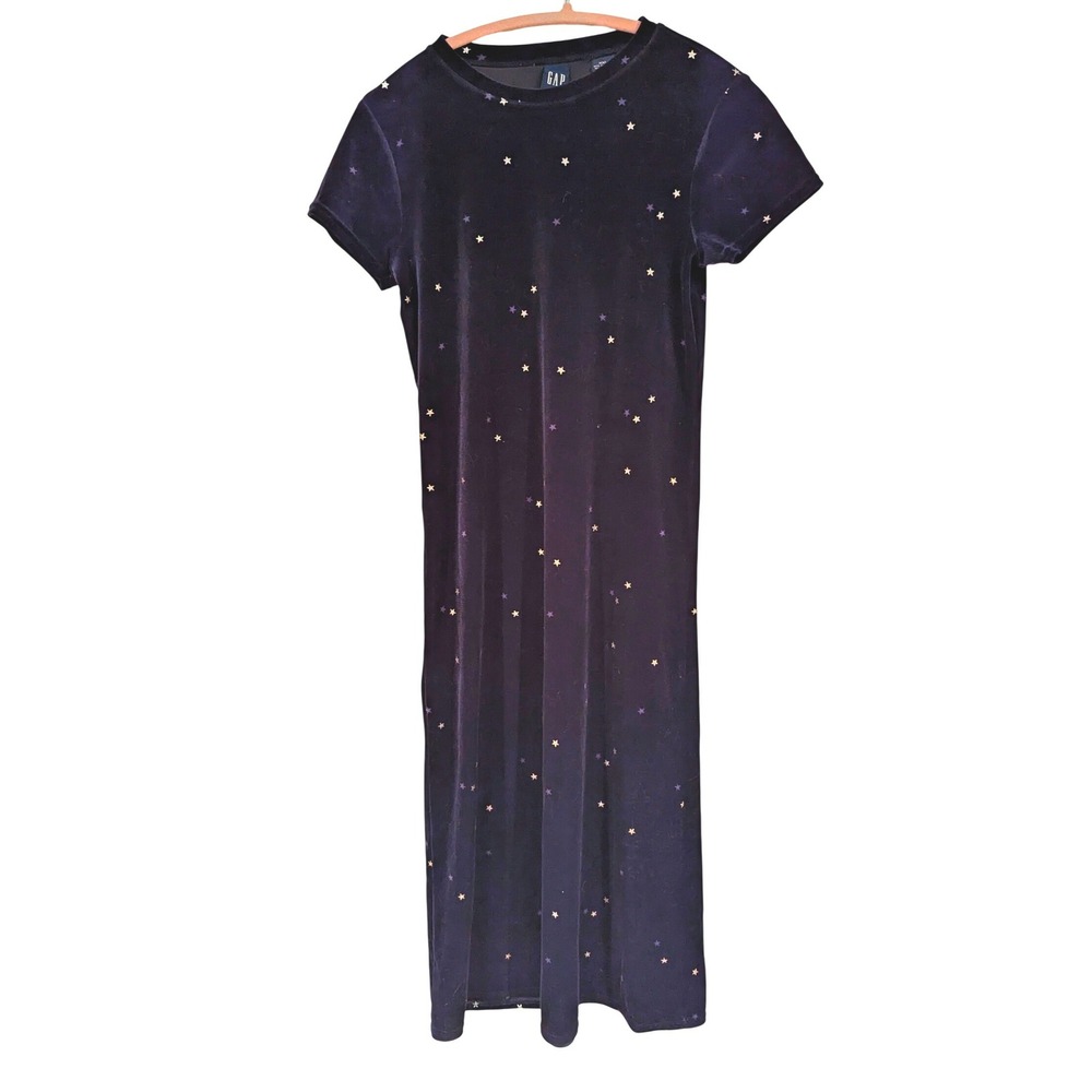 Gap‎ Kids Velvet Star Maxi Dress XXL Navy Purple Short Sleeve Celestial Holiday